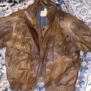 Brown Leather Bomber Jacket with Distressed Finish